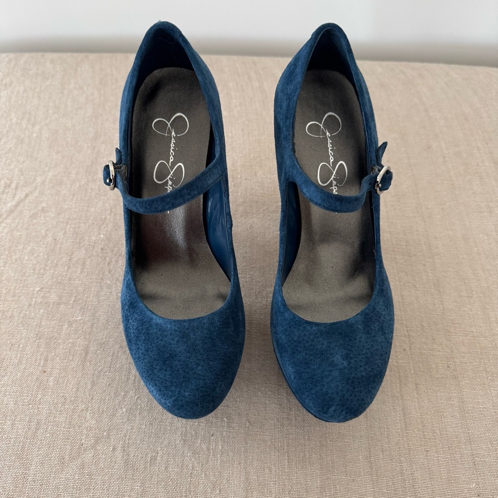 JS NIB Blue Suede Mary Jane Heels sz 6
